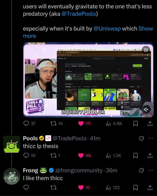 A screenshot of a tweet discussing liquidity pools, mentioning '@TradePools' and '@Uniswap', with a video embedded showing a crypto platform and user replies.