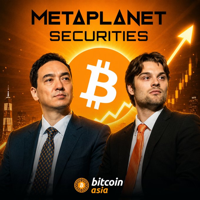 A promotional graphic featuring two men in suits with a Bitcoin logo and upward arrow, branded 'METAPLANET SECURITIES' and 'bitcoin asia'.