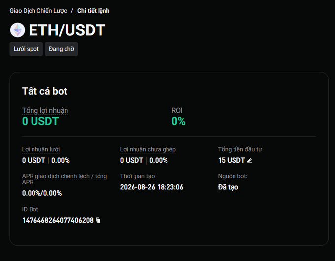 The screenshot shows an ETH/USDT spot grid bot configuration on a Vietnamese crypto trading interface (Giao Dịch Chiến Lược / Chỉ tiết lệnh), displaying zero current profits with a total investment of 15 USDT and a bot creation timestamp of 2026-08-26 18:23:06. This corresponds to the author's description of setting up a custom Smart Grid trading bot on ETH/USDT to leverage its volatility while avoiding riskier altcoins.