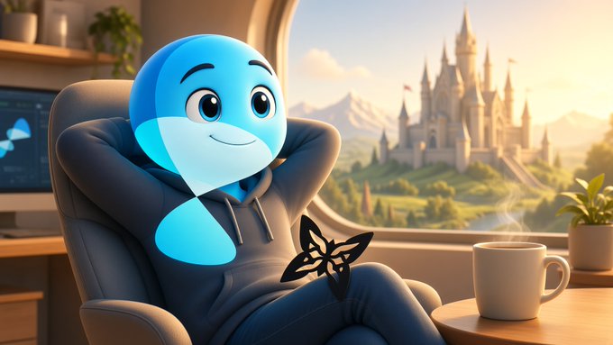 A 3D-rendered blue mascot character wearing a hoodie relaxes in a chair near a window overlooking a fairytale castle, with a coffee mug and a butterfly logo nearby.