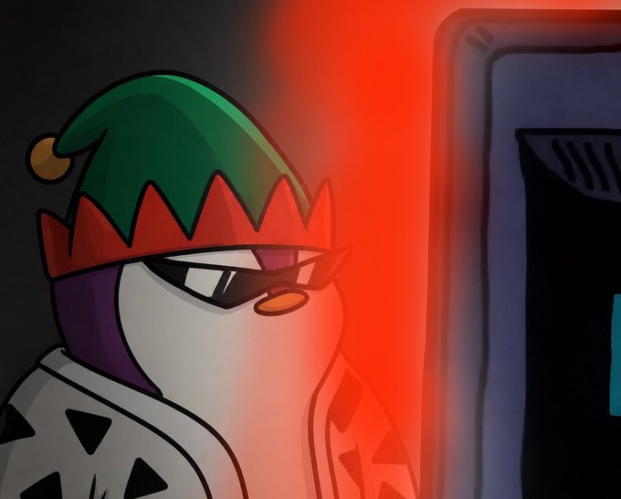 In the image, there's a cartoon penguin wearing sunglasses and a green Santa hat standing next to a monitor displaying an advertisement for Bitcoin. The monitor is red and positioned above a blue door. Above this scene, there are two other illustrations that are not present in the actual photo but are still part of the context provided by the post.
