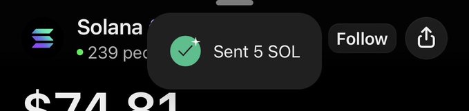 A notification from Twitter/X displays "Sent 5 SOL" with a green checkmark, appearing over a profile for Solana showing "239 people" are following. This confirms the post's promise of a 5 SOL token giveaway to followers of @TheMobSOL.