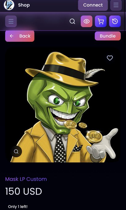 A mobile app screenshot of an NFT marketplace shop showing a 'Mask LP Custom' digital item priced at 150 USD, depicting a green-faced character in a yellow suit with gold coins.