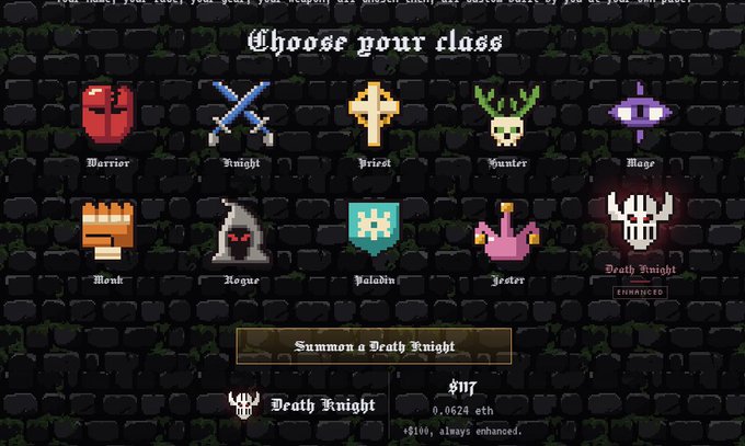 A pixel-art class selection screen titled "Choose your class" displays ten RPG-style options—Warrior, Knight, Priest, Hunter, Mage, Monk, Rogue, Paladin, Jester, and Death Knight—set against a dark stone wall background. The Death Knight class, marked "ENHANCED" at $117 (0.0624 ETH), is highlighted at the bottom with a "Summon a Death Knight" button, directly corresponding to the premium NFT purchase mentioned in the post.