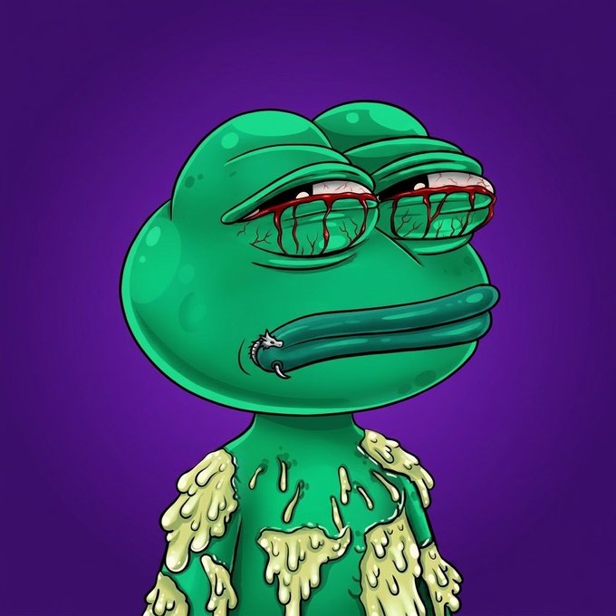 A distressed Pepe-style green frog with bloodshot, dripping eyes and a cigarette in its mouth, covered in oozing slime, embodies the gritty, chaotic vibe of an unfiltered NFT drop promising 444 free frogs with no roadmap.