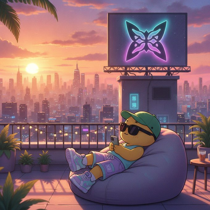 A digital illustration of a cartoon character in sunglasses and a green cap relaxing on a bean bag chair on a rooftop terrace at sunset, with a city skyline and a neon butterfly billboard in the background.