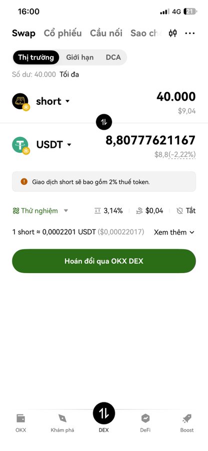 A screenshot of the OKX mobile app showing a token swap interface for converting 40,000 SHIB (short) to approximately 8.80 USDT.