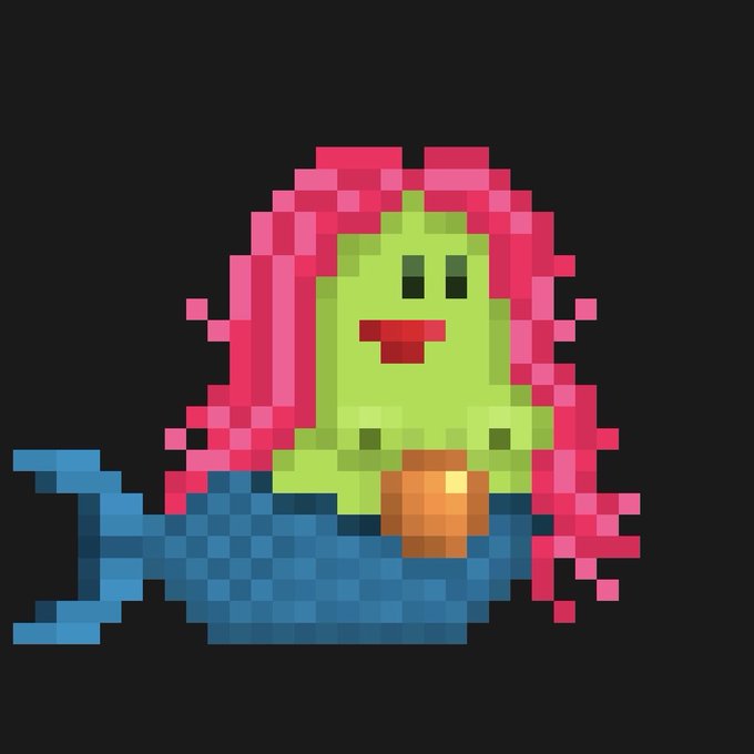 A pixel art character with a green face, pink mane-like hair, and a blue fish-like body on a black background.