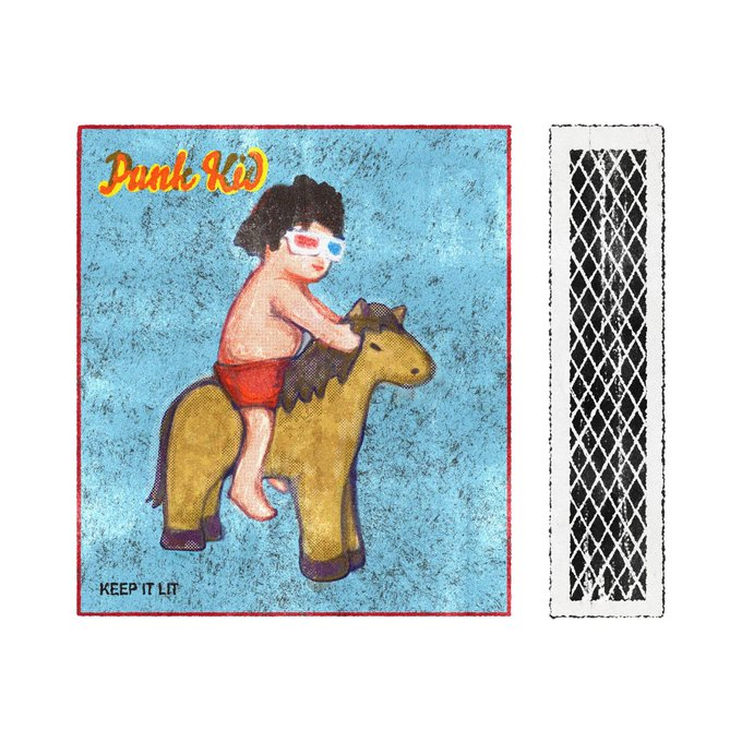 An illustration titled 'Punk Kid' showing a child in sunglasses riding a toy horse against a blue background with 'KEEP IT LIT' text, alongside a black and white diamond-patterned sticker.