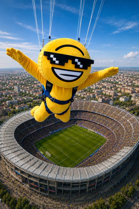 The image features a large yellow inflatable mascot, likely representing a sports team or an event, soaring above a stadium filled with people. The mascot appears to be wearing sunglasses and has its arms outstretched as if flying through the air. The stadium is packed with spectators, indicating that this could be a significant sporting event or gathering.