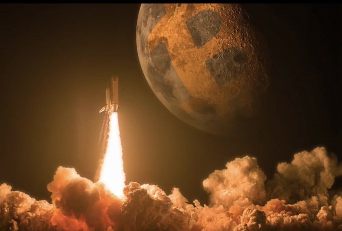 A dramatic sci-fi style image of a rocket launching through orange clouds with a large cratered moon visible in the dark sky above.
