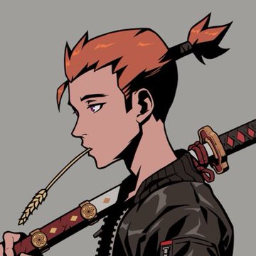 Stylized illustration of a character with red hair in a ponytail, holding a katana in their mouth, wearing a dark jacket against a gray background.