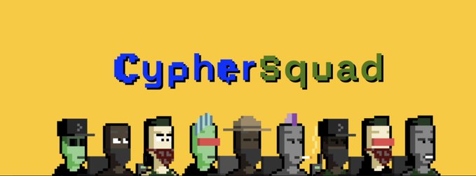 Pixel-art characters are lined up beneath the "CypherSquad" logo on a yellow background, representing the CypherSquadZec team hosting the free whitelist giveaway on the ZEC chain.