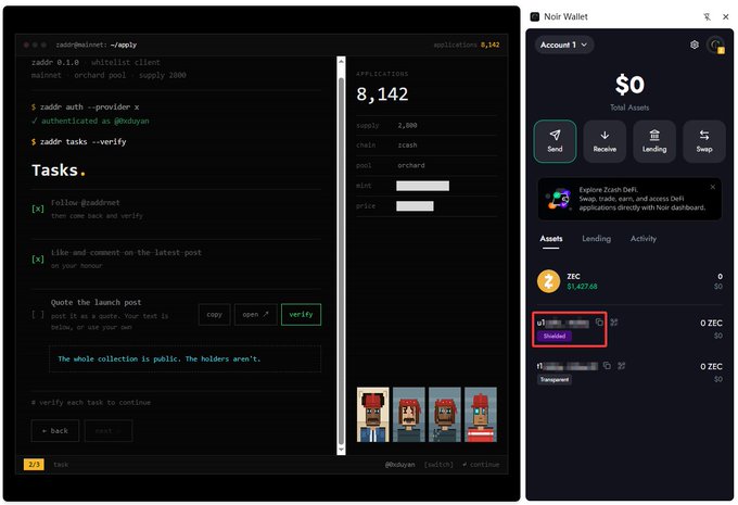 A screenshot showing the zaddr.n0wallet client interface with a total of 8,142 applications and tasks to complete (following, liking, and quoting posts to verify), alongside a Noi Wallet panel displaying $0 total assets, a ZEC balance of 91,407.68, and a shielded transaction address highlighted in a red box. The image illustrates the setup process for participating in the Zcash chain's zaddr NFT whitelist application, where users complete social media tasks while using a privacy-compatible wallet.
