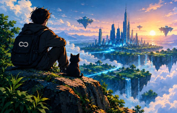 Anime-style illustration of a young man with a backpack and a black cat sitting on a cliff edge, overlooking a futuristic floating city with waterfalls at sunset.