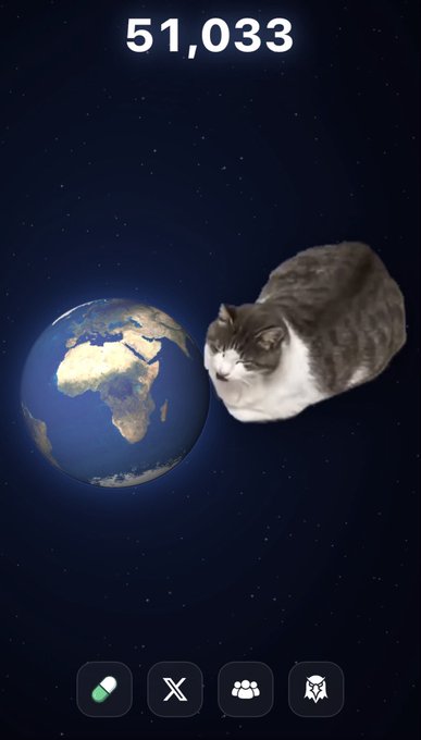 A space-themed screen shows a score of "51,033" above a chonky gray and white cat sitting in space next to Earth, with the caption "Slickingcat the new popcat?" humorously suggesting this cat-licking game is a competitor to the viral Popcat game.