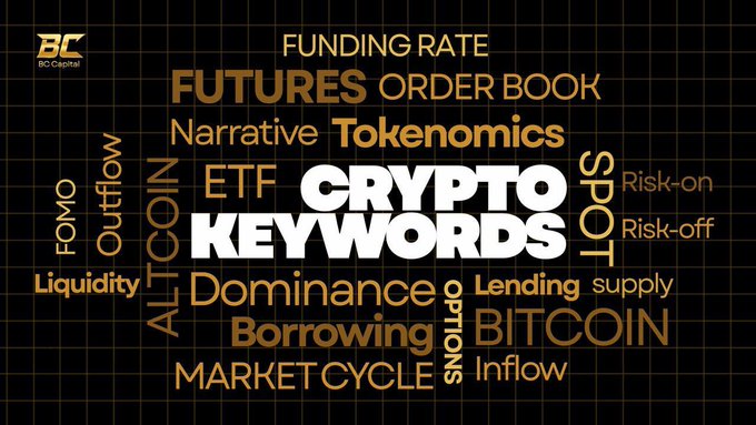 A graphic from BC Capital titled 'CRYPTO KEYWORDS' featuring various cryptocurrency terms like 'FUTURES ORDER BOOK', 'Tokenomics', 'Bitcoin', 'Liquidity', and 'Market Cycle' in gold and white text on a black background.