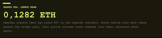 A dark-themed interface displays "REWARDS POOL, CURRENT ROUND" with a value of "0.1282 ETH," accompanied by explanatory text about OpenSea creator fees routing 80% to the rewards contract. The modest ETH amount visually reinforces the accompanying post's sentiment that while acceptable, the rewards pool "could be better."