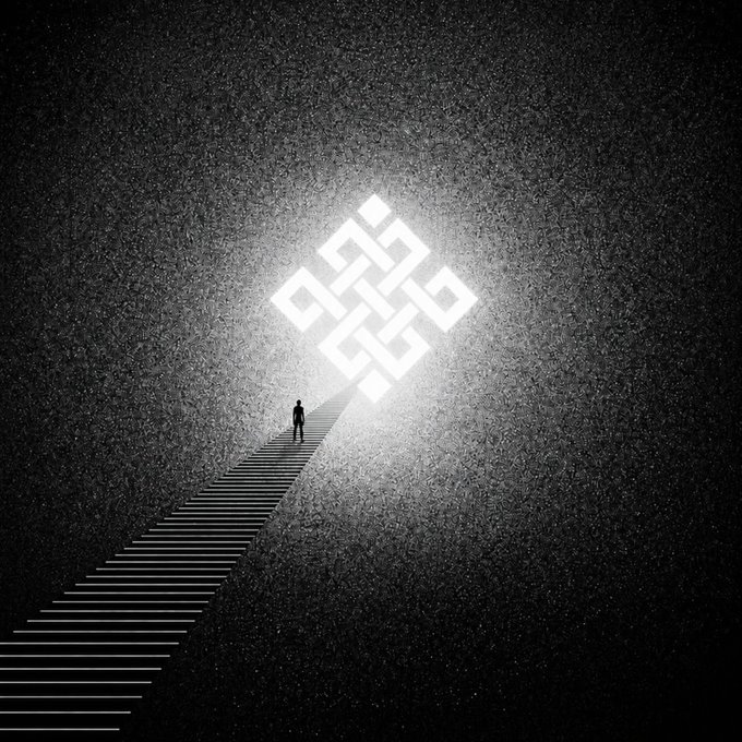 Black and white artistic image showing a silhouette of a person climbing illuminated stairs toward a glowing geometric logo that resembles the Binance symbol.
