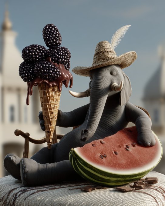 The image features a cartoon elephant sitting next to an ice cream cone with chocolate drips, as well as a slice of watermelon. The elephant appears to be enjoying its treats while wearing a straw hat. The background includes buildings, suggesting that this scene takes place in an urban setting or park. The post is titled "@Alien_Designer" and has the hashtag "#TEZOSTUESDAY", indicating it's part of a collection dedicated to the artist @Alien_Designer.