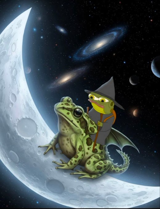 A digital illustration depicts a green frog wearing a wizard hat riding a green toad as a mount, perched on a crescent moon against a backdrop of galaxies and planets.