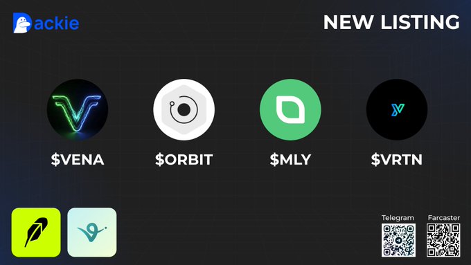 A promotional graphic for 'Packie' showing 'NEW LISTING' with crypto tokens $VENA, $ORBIT, $MLY, and $VRTN, along with QR codes for Telegram and Farcaster.