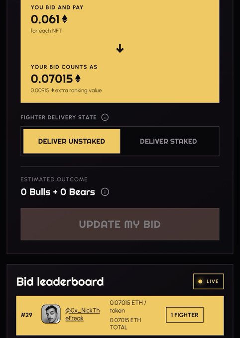 A screenshot of an NFT bidding interface showing a bid of 0.061 ETH for each NFT, totaling 0.07015 ETH, with a bid leaderboard showing user @0x_NickTheFreak at rank #29.