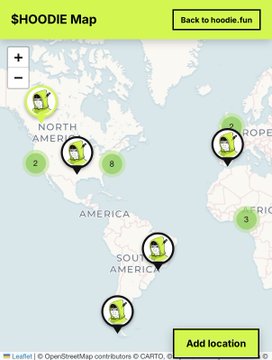 A 'SHOODIE Map' interactive web map showing global locations with green hooded character icons distributed across North America, South America, and Europe, with a 'Back to hoodie.fun' button and 'Add location' option.