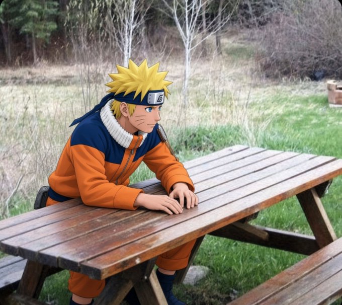 An anime-style character with spiky blonde hair and an orange and blue outfit sitting at a wooden picnic table in a natural outdoor setting.
