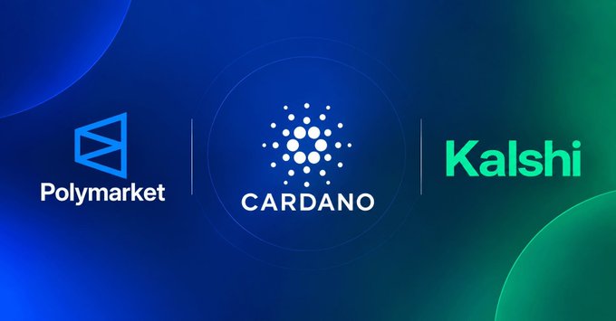 A graphic banner displaying three logos side by side: Polymarket, Cardano, and Kalshi against a blue and green gradient background.