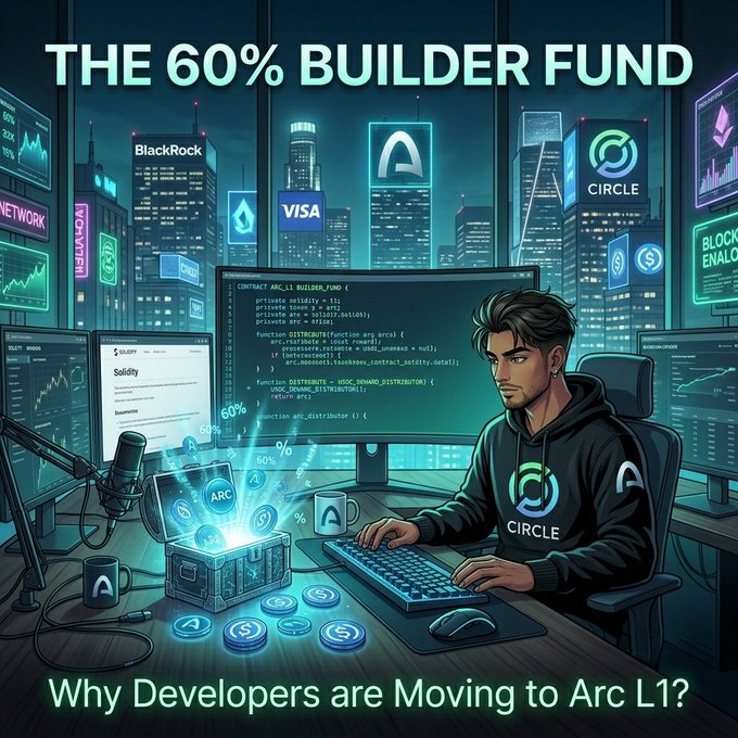 The image features a man sitting at a desk working on his computer with a mouse and keyboard. The background shows an office setting with multiple monitors displaying various logos such as Bitcoin, Circle, and BlackRock. The text "Why Developers are Moving to Arc L1?" is written in the bottom right corner of the image. This suggests that there might be a discussion or event related to the post about why developers are moving their projects to Arc L1.