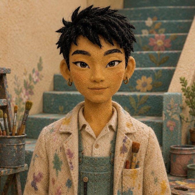 A stop-motion style figure of an artist with short black hair and freckles stands before floral-painted steps, with brushes in their pockets and nearby.