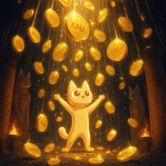 A cartoon cat stands joyfully with arms raised as golden coins marked "XAU" rain down like a treasure shower inside an ancient Egyptian temple, flanked by cat statues and glowing braziers. The lavish gold cascade visually amplifies the post's bullish message, suggesting $CETS is poised to soar past its all-time high.