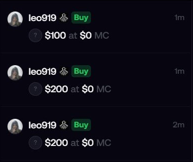 A user named "leo919" repeatedly purchases small amounts ($100, $200, $200) of a token at $0 market cap, with the most recent buys occurring 1-2 minutes ago, illustrating the post's question about how to acquire memecoins at $0 MC on FOMO.