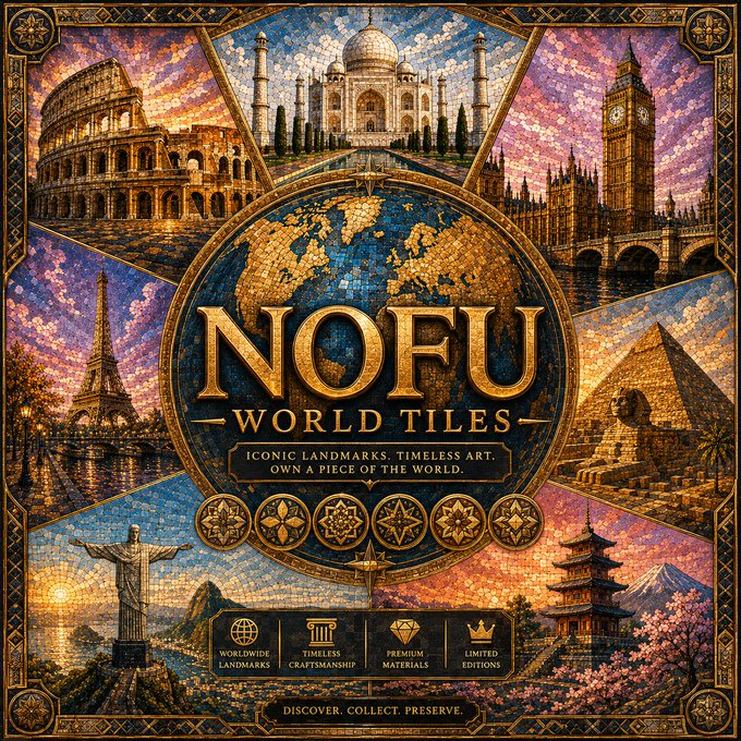 An ornate mosaic-style poster titled 'NOFU WORLD TILES' featuring famous landmarks including the Colosseum, Taj Mahal, Big Ben, Eiffel Tower, Sphinx and Pyramid, Christ the Redeemer, Japanese pagoda, and Mt. Fuji, with text 'Iconic Landmarks, Timeless Art, Own a Piece of the World' and 'Discover. Collect. Preserve.'