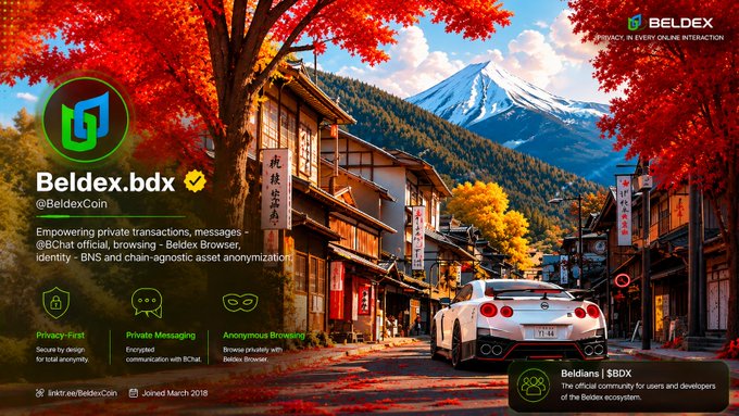 A stylized promotional image for Beldex (Beldex.bdx, @BeldexCoin) featuring a Japanese mountain town scene with a sports car, highlighting the ecosystem's privacy-focused tools including Beldex Browser, BChat for private messaging, and BNS for chain-agnostic asset anonymization, with a note that "Beldex is the official community for users and developers of the Beldex ecosystem."