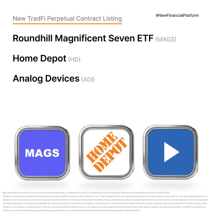 A financial platform announcement titled 'New TradFi Perpetual Contract Listing' featuring icons for Roundhill Magnificent Seven ETF (MAGS), Home Depot (HD), and Analog Devices (ADI).