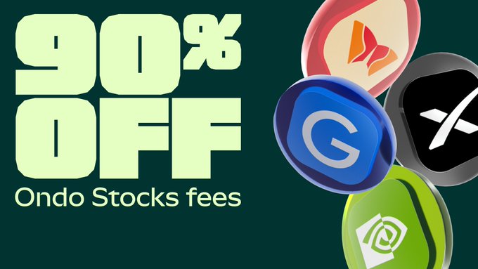 A promotional graphic advertising "90% OFF Ondo Stocks fees" in bold green text on a dark background, accompanied by stylized app icons, ties into the post by visually highlighting the discounted fees for trading stocks like Microsoft, Meta, Apple, and Amazon on the platform.