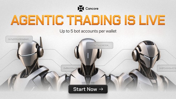 Cancore's promotional graphic announces "Agentic Trading is Live" with support for up to 5 bot accounts per wallet, featuring three sleek metallic robot figures alongside visible wallet addresses (0x7a3F91cB8264A1..., 0xCBe671A5C81204..., 0xB8d2E6a14f..., 0x9F2c6A8e401...).

The image reinforces the post's message about risk isolation, visually emphasizing the concept of separate bot accounts and independent wallets—aligning with the idea that any single bot failure is contained to its allocated funds rather than risking the user's entire portfolio.