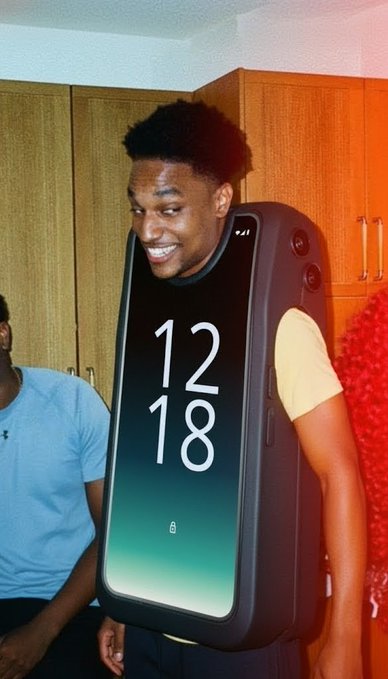 The image features a man wearing an unusual costume that resembles a cell phone case, with a clock displayed on the front of the device. The man appears to be smiling for the camera while standing next to another person who is also dressed up as a cell phone. The background includes wooden cabinets and a red curtain, adding to the overall theme of the scene. The caption "solana looks good" suggests that the man's costume might have some connection or inspiration from the popular social media platform, Instagram.