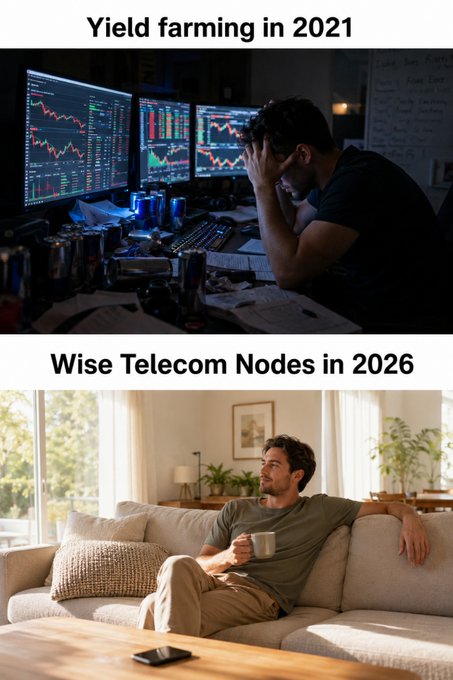 The image contrasts stressful "Yield farming in 2021" with relaxed "Wise Telecom Nodes in 2026," suggesting a move from chaotic trading to simplified, profitable operations. This directly relates to the post's message of outsourcing stress and exploring app.wisetoken.com.