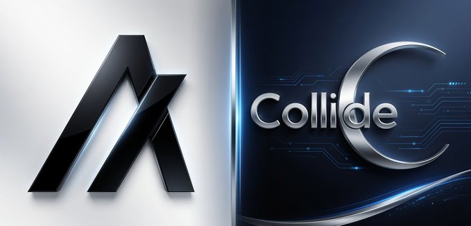 A split graphic showing a black stylized 'A' logo on the left and a metallic 'Collide' logo with a 'C' on a blue digital background on the right.