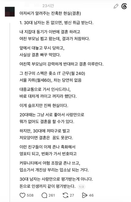 A screenshot of a Korean social media post by "23시간" (23hours) listing realistic realities of unmarried men in their 30s, covering topics like ideal marriage partners, military service preferences, career advancements such as promotion from sergeant to IT manager with a salary of 2.4 million won, and earning 10 million won by age 30.