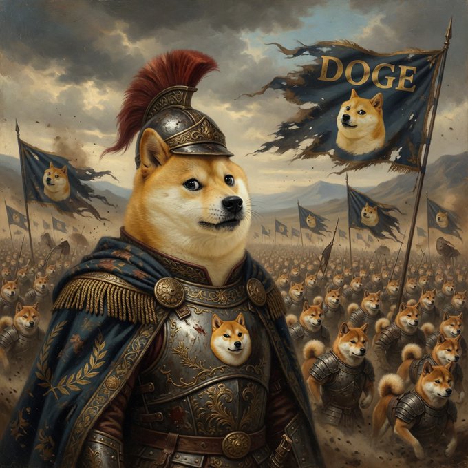 A Shiba Inu dog dressed in Roman-style armor with a plumed helmet leads an army of similarly armored Shiba Inus, with banners reading "DOGE" featuring the dog's face. The image visually represents the post's message of the $DOGE "army" marching confidently toward a one-dollar price target, symbolizing bullish momentum and a triumphant "easy win" for the meme coin.