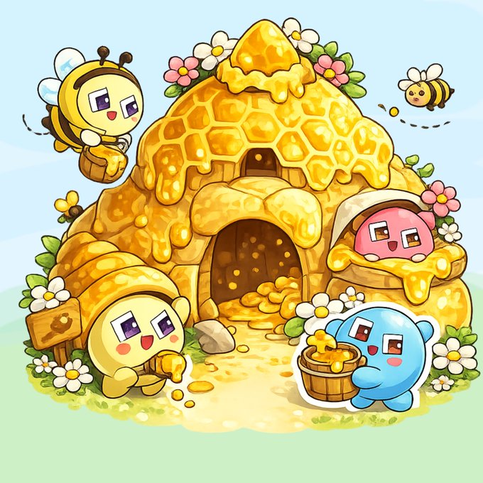 A whimsical honeycomb-shaped house surrounded by cute cartoon characters—a bee with a basket, a pink bee peeking from a window, a yellow bee holding a honey dipper, and a blue character carrying a honey bucket—perfectly illustrates the Dlicom post's theme of teamwork and sweetness in building together. Flowers and a smaller flying bee complete this charming scene of collaborative honey-making.