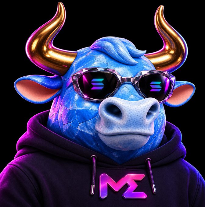 3D-rendered mascot of a blue bull wearing sunglasses with a Solana logo on the lenses, gold horns, a purple hoodie, and a glowing 'MZ' (Magic Eden) logo on its chest.