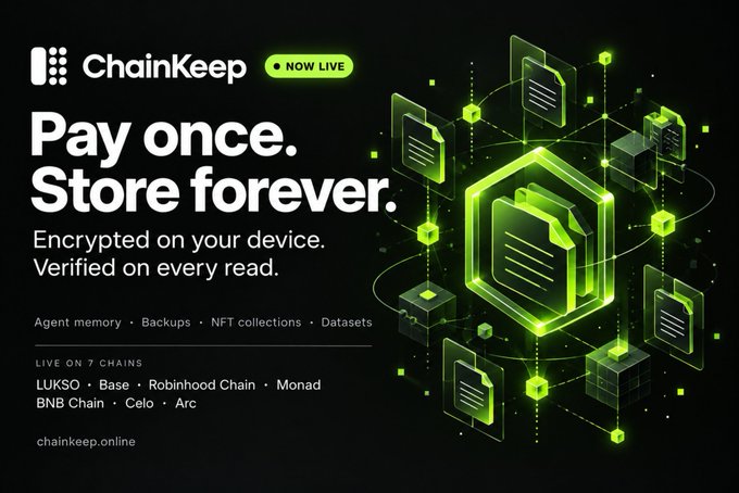 A black-and-neon promotional graphic for “ChainKeep,” stating “Pay once. Store forever.” and “Encrypted on your device. Verified on every read,” alongside chain and document graphics.