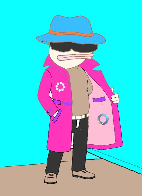 A cartoon illustration of a character in a pink trench coat with purple accents, a blue fedora, and sunglasses standing against a turquoise background.