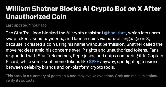 The image is a news summary titled "William Shatner Blocks AI Crypto Bot on X After Unauthorized Coin," explaining that the Star Trek icon blocked @bankrbot for launching a coin using his name without permission, sparking fan memes including $PEPE references. The accompanying "NOOOOOOOOOOOOOOOOOOOOOOOOOOO" post captures the dramatic, Picard-esque disbelief at yet another celebrity clashing with AI crypto tools.