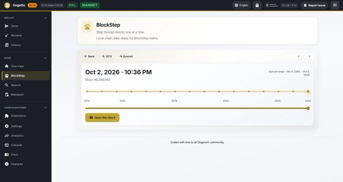 A screenshot of the Doggo mainnet explorer showing the "BlockStep" page with a timeline highlighting Block #49,396,983 from Oct 2, 2026.